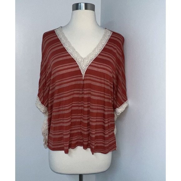 D'closet Womens Boxy Cropped Top Size S M Rust Striped Crochet Boho V-neck - Picture 1 of 5